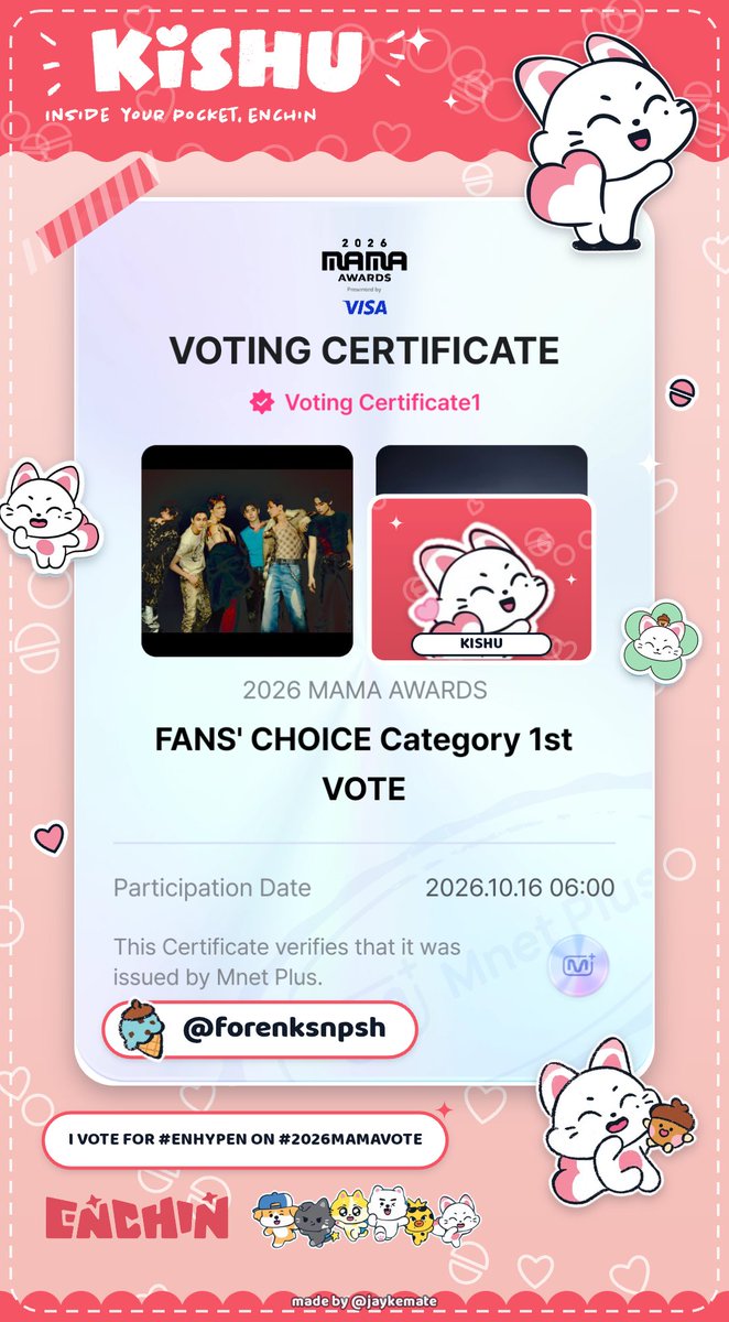 forenksnpsh's tweet photo. Good is morning! Day 5 of voting #enhypen in #2026MAMAVOTE

1 RT = 1 VOTE https://t.co/bWEqS4iXo7