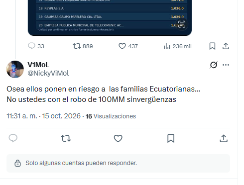 alfredovelazco's tweet photo. Después de culpar a las empresas por los #ApagonesEC y que usará a la fuerza pública para desconectarlas, hubo una lluvia de comentarios negativos en el post de @JoseJulioNeira, que a partir de las 11h31 bloquearon y luego ocultaron
Míralos aquí https://t.co/f8TpP9eXAP https://t.co/t2t7N2d9as