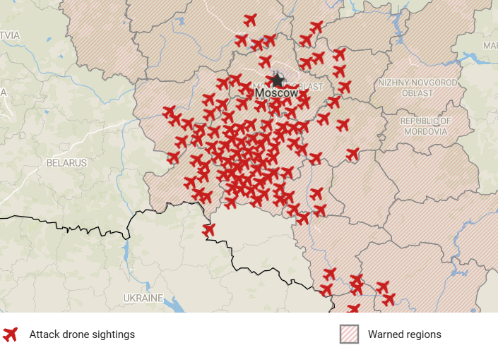Osinttechnical's tweet photo. Major Ukrainian attack drone raid into Russia's capital, Moscow, ongoing tonight. 

Numerous explosions have been reported in the Moscow area. https://t.co/ewCgCjQwHp