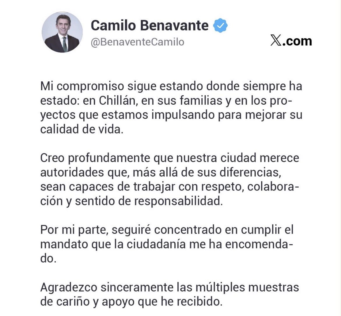 Gapraden's tweet photo. Este es el mensaje que compartió el alcalde de Chillán Camilo Benavente. Mañana deberían informarle que será investigado por fiscalía y en paralelo algunos concejales piden su destitución. Han salido varios reportajes, les adjunto el mensaje que ha sido difundido en la ciudad. https://t.co/Zo29QzGKYQ