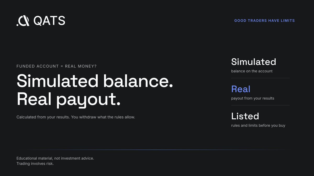 qats_us's tweet photo. "Funded account" doesn't always mean real money in the market. 

At many prop firms the account is simulated.  What's real is the payout: it's calculated from your results, and you withdraw what the rules allow.  

At QATS, rules and limits are listed before you buy. https://t.co/dRvymItlgV