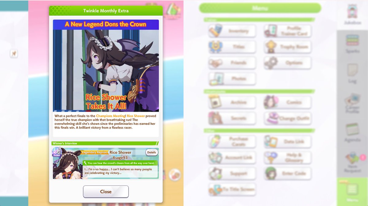 Xsage93's tweet photo. BACK TO BACK!
Won CM20 group A finals with solo Rice!
Lobby was not that many fronts, only 2, but that's kinda perfect
I set both Murmurs to End to hard call fronts, good call
Next is sprint (CM21), will likely be using triple pace Machan/Akebono/Nishino
Or maybe Rice again... 👀 https://t.co/MBgbQl1R3P