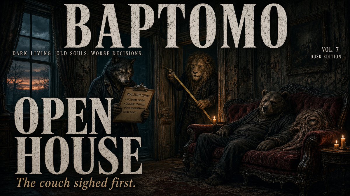Baptomocoin_'s tweet photo. Good afternoon guys! 🐺🐻🦁
Open house. Haunted.
Wolf read "charming character."
Lion measured the chill.
Bear sat on the couch. It sighed first.
#memecoin #crypto https://t.co/Zxl0XMW0BK