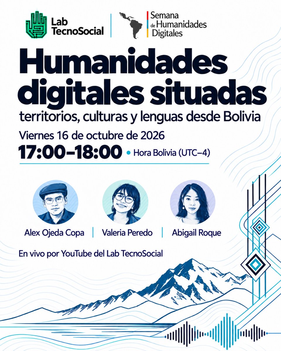 LabTecnoSocial's tweet photo. Participaremos en la #SemanaHD exponiendo proyectos de #HumanidadesDigitales. Gracias a la organización de la @Red_HD.

📅 Viernes 16/10
🇧🇴 Bolivia: 17:00
🇦🇷 Argentina: 18:00
🇨🇴 Colombia: 16:00
🇲🇽 CDMX: 15:00
🔴 En vivo: https://t.co/0XfQGFgFoh https://t.co/HTguN31BeJ