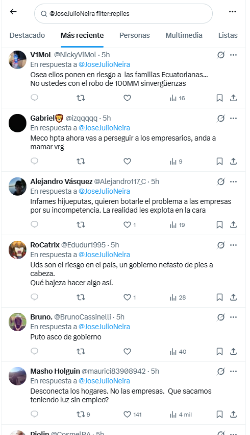 alfredovelazco's tweet photo. Después de culpar a las empresas por los #ApagonesEC y que usará a la fuerza pública para desconectarlas, hubo una lluvia de comentarios negativos en el post de @JoseJulioNeira, que a partir de las 11h31 bloquearon y luego ocultaron
Míralos aquí https://t.co/f8TpP9eXAP https://t.co/t2t7N2d9as