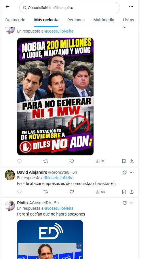 alfredovelazco's tweet photo. Después de culpar a las empresas por los #ApagonesEC y que usará a la fuerza pública para desconectarlas, hubo una lluvia de comentarios negativos en el post de @JoseJulioNeira, que a partir de las 11h31 bloquearon y luego ocultaron
Míralos aquí https://t.co/f8TpP9eXAP https://t.co/t2t7N2d9as
