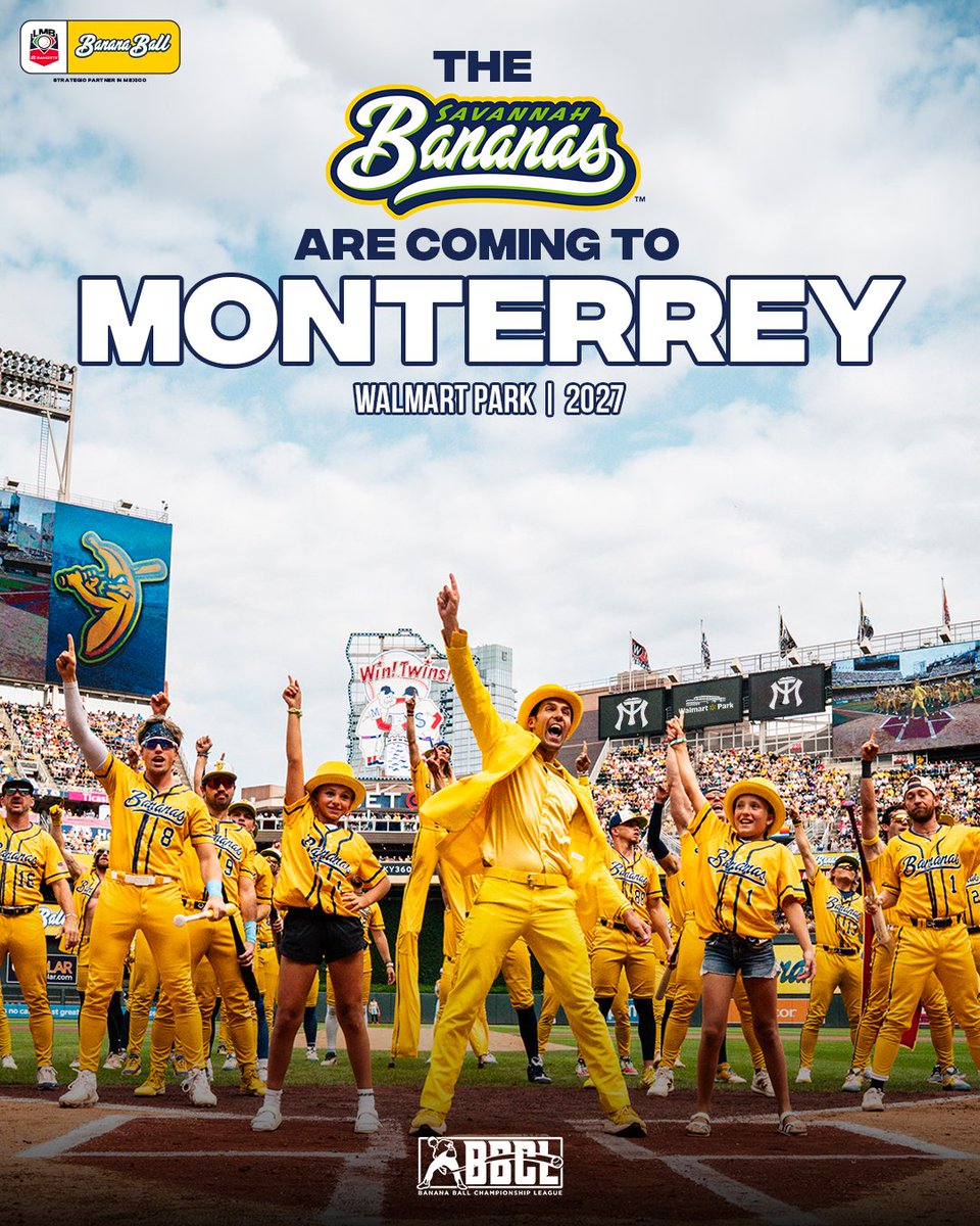 SultanesOficial's tweet photo. ¡BIENVENIDOS A MONTERREY The Savannah Bananas!🍌🍌🍌🍌

¡El Walmart Park será sede en 2027 para recibir el juego de las Bananas!  ¿Estás listo para la fiesta del #Bananaball? 😍😍 https://t.co/CYpLCMzMt2