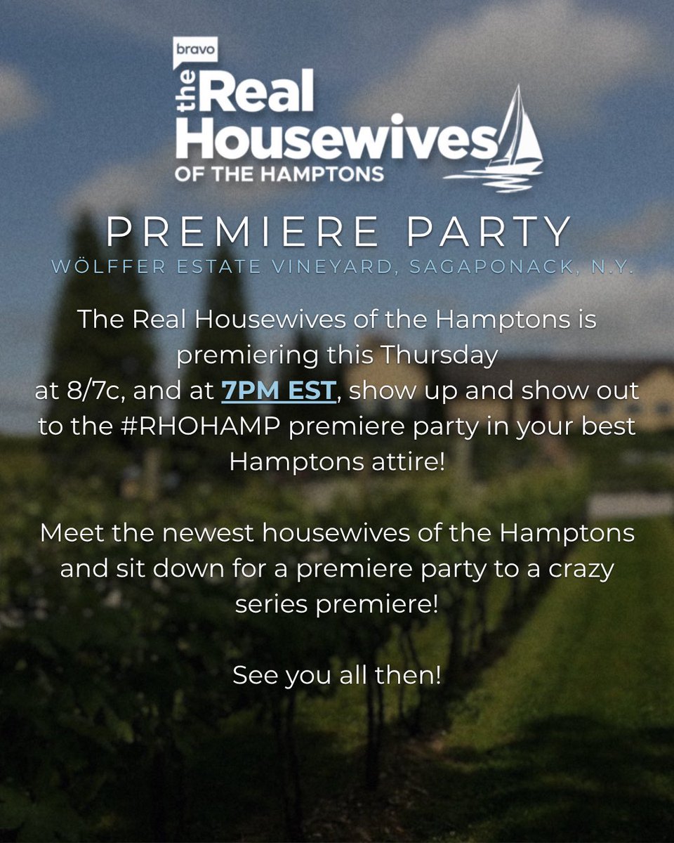 BravoRHOH's tweet photo. #RHOHAMP premieres tonight at 8/7c, but we have a big premiere party planned beforehand!

Join us at 7PM EST at Wölffers Estate Vineyard for a fabulous premiere party, see you all there! 😉🥂 https://t.co/HA5J9jpMqM