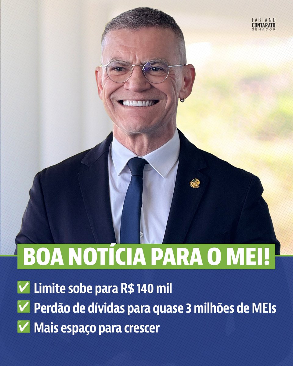 ContaratoSenado's tweet photo. Votei SIM ao novo MEI!

Aprovado no Senado, o projeto agora vai à sanção presidencial.

A proposta do governo @‌lulaoficial atualiza o limite do microempreendedor individual, que estava parado em R$ 81 mil desde 2016. Agora o MEI vai poder crescer mais!

É o presidente olhando para quem acorda cedo, trabalha duro e faz a economia girar. 🇧🇷