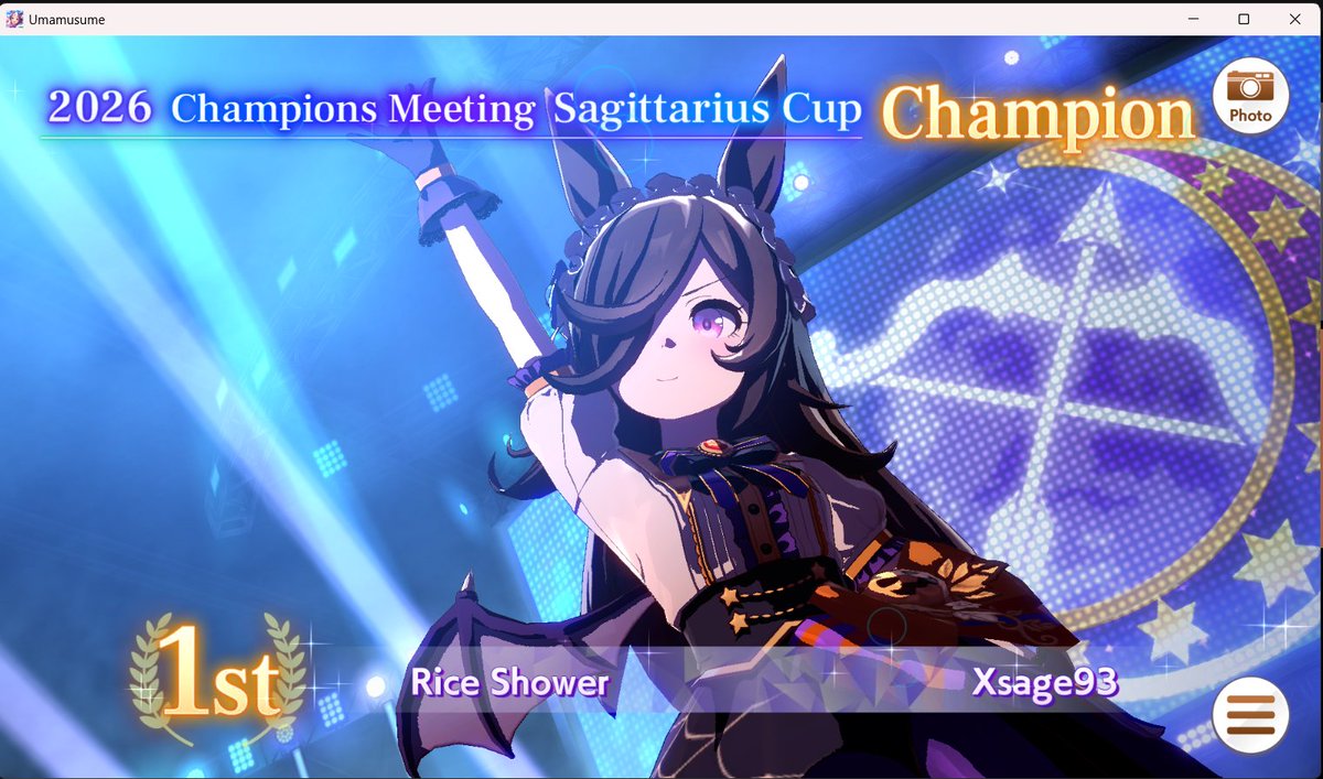 Xsage93's tweet photo. BACK TO BACK!
Won CM20 group A finals with solo Rice!
Lobby was not that many fronts, only 2, but that's kinda perfect
I set both Murmurs to End to hard call fronts, good call
Next is sprint (CM21), will likely be using triple pace Machan/Akebono/Nishino
Or maybe Rice again... 👀 https://t.co/MBgbQl1R3P