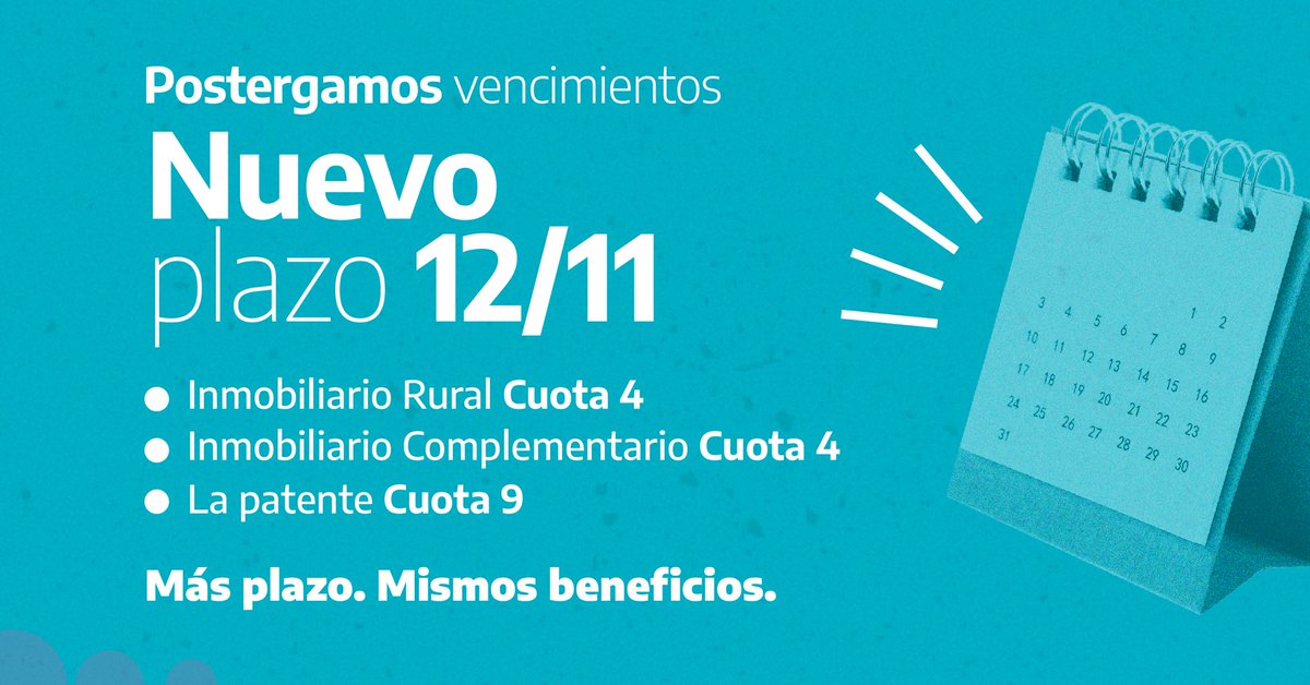 arba's tweet photo. ▶️Reprogramamos las fechas de pago del Impuesto Inmobiliario Rural, Complementario y Automotor.

🔹 Pagando hasta el 12/11 mantenés todos los beneficios.
🔹 Las nuevas fechas ya se reflejan en todos los medios de pago.

📲 Descargá tu boleta o pagá de forma simple en nuestra web. https://t.co/xzleFMAUPE