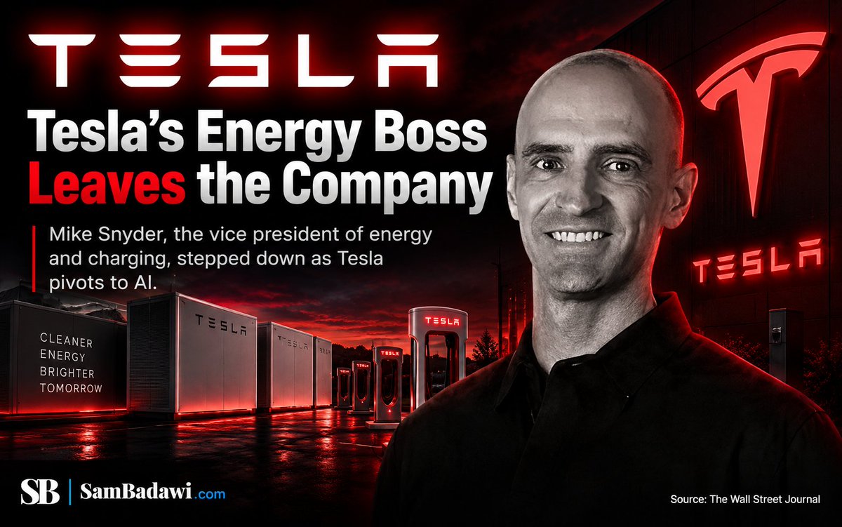 Sam_Badawi's tweet photo. Tesla $TSLA Vice President of Energy and Charging Mike Snyder has reportedly stepped down after more than 12 years with the company, according to The Wall Street Journal.

Snyder previously oversaw Tesla's Megapack business, and his departure comes as the company increasingly focuses on AI, robotics and autonomous driving.