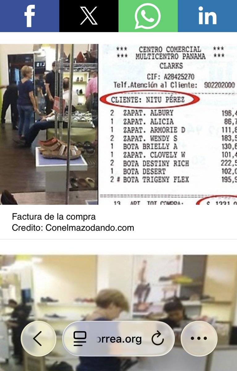 NituPerez's tweet photo. A @dcabellor y su equipo se les acabó la creatividad para hacer montajes.  Ahora repiten guiones viejos que no les sirvieron antes y tampoco ahora. El 15 de abril de 2015 el individuo que -sobre su cabeza pesa una recompensa de 25 millones de $- transmitió desde su infame programa un video en el que aseveró que en Panamá, tienda Clarks, del Multiplaza, había adquirido 13 pares de zapatos por $1.331,02. Nunca se vieron las bolsas de tamaña compra solo mostró una factura falsa con un código CIF (A28425270) perteneciente a las tiendas españolas Carrefour. Además, la factura a nombre de Nitu Pérez, y no con mi nombre legal.  
En Panamá la identificación tributaria (facturas) se muestra con las siglas RUC (Registro Único de Contribuyente)
Que bueno que ahora existe @cazamosfakenews que destapa todos esos montajes que solo buscan desacreditar a quienes no actuamos como ellos.