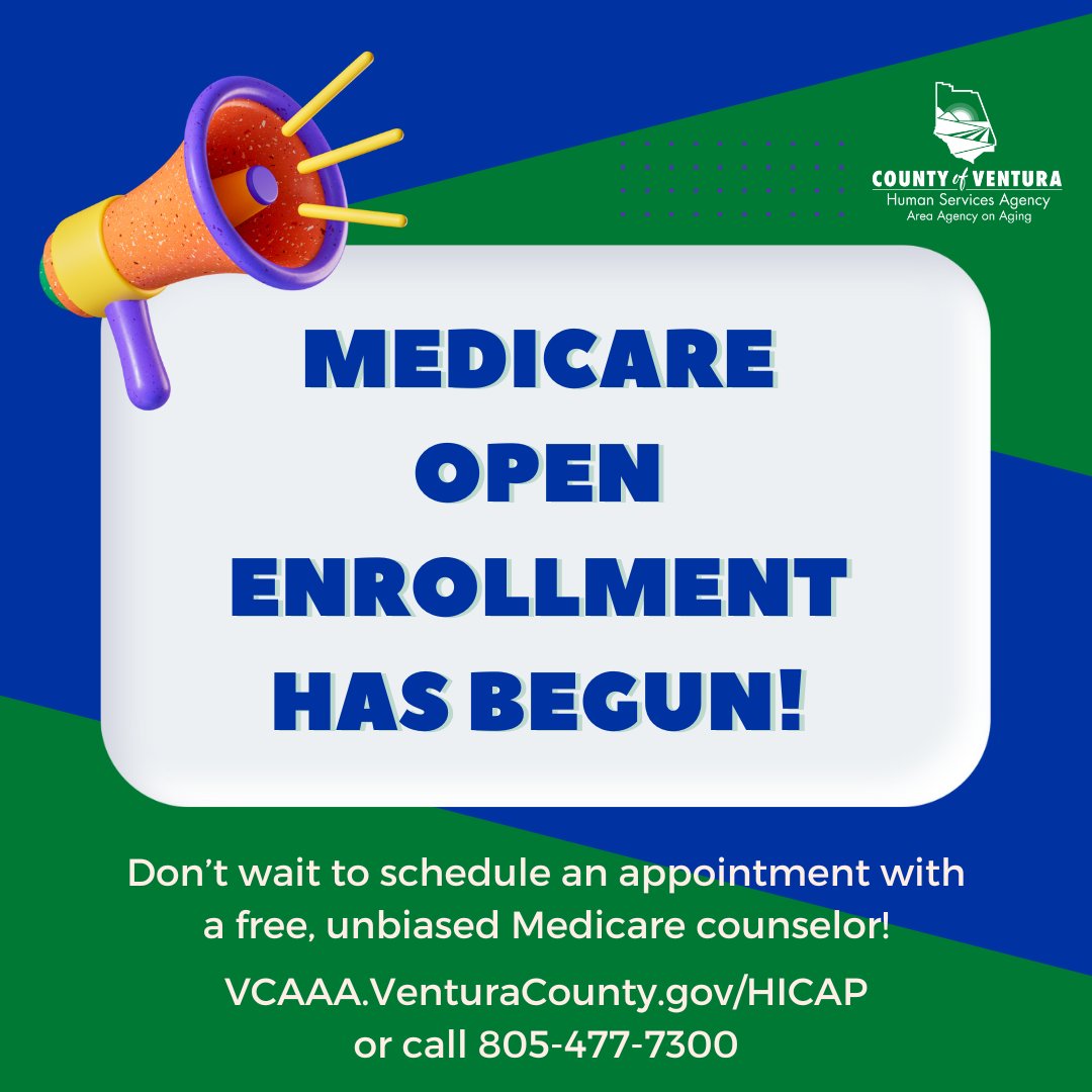 VCAAAging's tweet photo. Medicare Open Enrollment has begun! Don’t wait to schedule an appointment with a certified HICAP counselor, as spots are filling up quickly.

🔗: https://t.co/6mvxY8s4Ao https://t.co/oKguzzMgVm