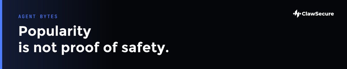 ClawSecure's tweet photo. Popularity is not proof of safety.

A trending MCP server or CLI tool can still carry hidden risk. ClawSecure checks agent components against 55+ threat patterns before you install, with 10/10 OWASP ASI coverage.

What's the last thing you installed without checking? https://t.co/VrjDyMDHeA