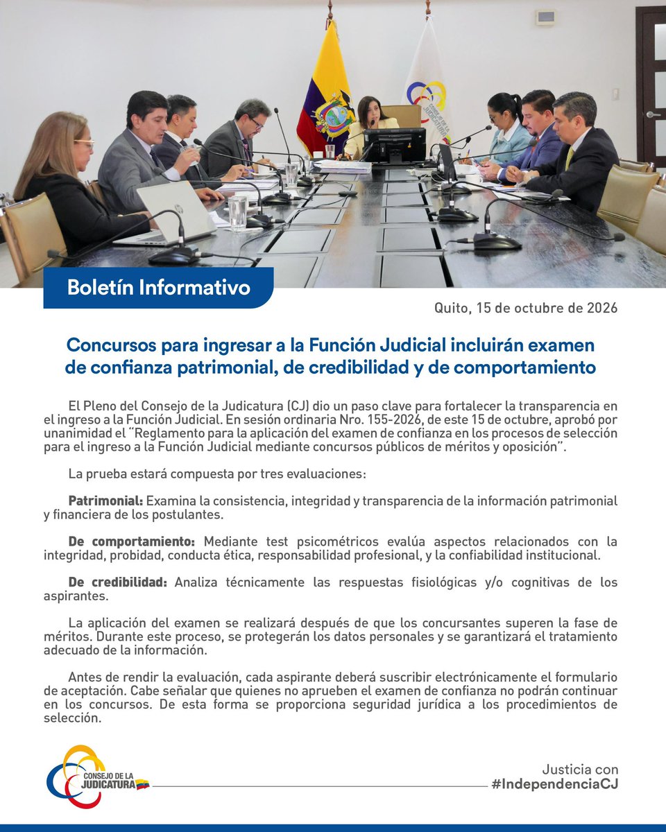 CJudicaturaEc's tweet photo. 📰 | #BoletínCJ

Concursos para ingresar a la Función Judicial incluirán examen de confianza patrimonial, de credibilidad y de comportamiento. 

🔗 Conoce los detalles aquí: https://t.co/yctqolluOg https://t.co/aOIKsQBbb3