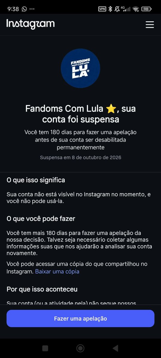fandomscomlula's tweet photo. ESTAMOS SOFRENDO CENSURA DA META. Desde que iniciamos o FANDOMS COM LULA, diariamente temos que lidar com bloqueio de contas, suspensão de Whatsapp, derrubam nossos grupos, suspenderam a página do nosso Instagram e chegaram a restringir o Instagram dizendo que pedimos dinheiro as pessoas. Estamos próximos das eleições e a cada dia sofremos um novo ataque que dificulta a coordenação dos Fandoms. 

ISSO ESTÁ ACONTECENDO TODOS OS DIAS NO INSTAGRAM E WHATSAPP. Nós não  violamos nenhuma política das plataformas para sofrer essa censura diária de diferentes formas.

Dito isso, entrem no nosso canal, caso derrubem nossa comunidade.

https://t.co/iQWcUI6wCF