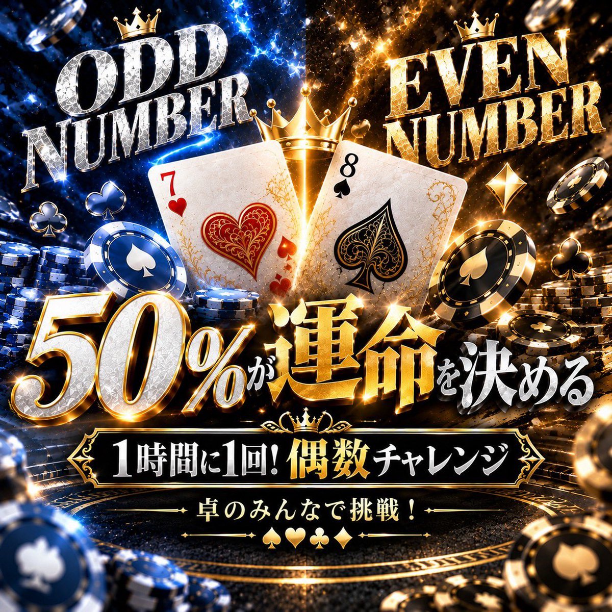 union_one1008's tweet photo. 🌈UNION ONEアミューズメントリング🌈
🗓10月16日(金)

1時間に1回！50%チャレンジ

1時間に1回、卓のみんなで
「50%チャレンジ」 に挑戦できます🔥

・52枚の中から一枚カードを選ぶ
・A.3.5.7.9.J→成功
・2.4.6.8.10.Q→失敗
・K→選び直し

連続で正解するほど、特典がどんどん豪華になります！
🎁 連続成功特典
1回成功
🎉 みんなに 2,000点
2回成功
🎉 みんなに 5,000点
3回成功
🎉 みんなに 10,000点
4回成功
🥃 みんなに テキーラ1杯サービス
5回成功
🎉 みんなに 20,000点
6回成功
📸 みんなの推しディーラーとチェキ
7回成功
🎉 みんなに 25,000点
10回成功
🔥 次回来店時、
最初のチップ購入・引き出し無料！
みんなで協力して連続成功を目指そう‼️
目指せ10連続成功🔥

10月特別キャンペーン　下記の3つ条件をクリアで
🍺 飲み放題 1,000円引き‼️
💰 初回チップ購入・引き出し半額‼️

✅ SNS（Instagram・X）をフォロー
📌 UNION ONEオープンチャットに参加
🔁 指定のポストをリポスト