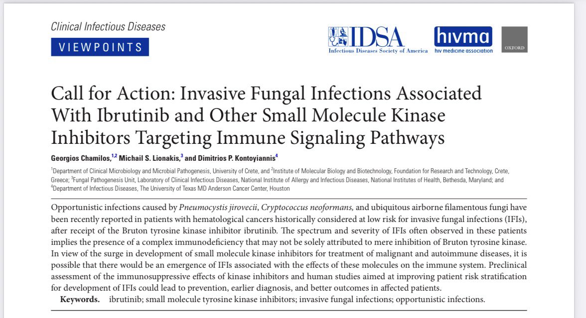 TakaMatsuo_ID's tweet photo. 【Call for Action: Invasive Fungal Infections Associated With Ibrutinib and Other Small Molecule Kinase Inhibitors】Clin Infect Dis, 2018 Jan @CIDJournal 
 👉 Useful Viewpoint/case review
@UTMDAnderson 
 https://t.co/kaH0uJhI31
 #IDMedEd #IDFellow https://t.co/P3WlGmfPWk
