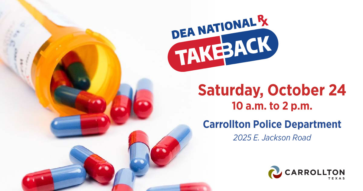 CarrolltonTX's tweet photo. Got expired, unwanted, or unused medications? Don’t let them fall into the wrong hands. Safely dispose of them during the DEA’s National Prescription Drug Take Back Day next Saturday, October, 24, 10am-2pm at the Carrollton Police Department. Details: https://t.co/iGjYwW6gZD https://t.co/Au6lNzLNEv