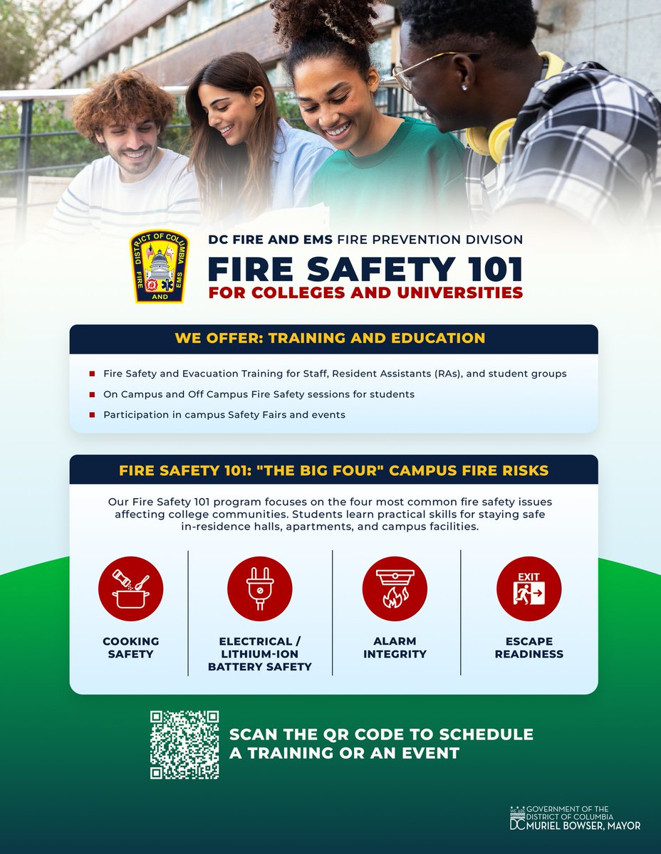 dcfireems's tweet photo. During #FirePreventionMonth and year round, we are proud to partner with colleges and universities in the District on Fire Safety 101. 

Staff and students on and off campus, can learn more about fire safety, evacuations, smoke alarms, and more. 

Scan QR code below to schedule. https://t.co/7Mv5vKOCFk