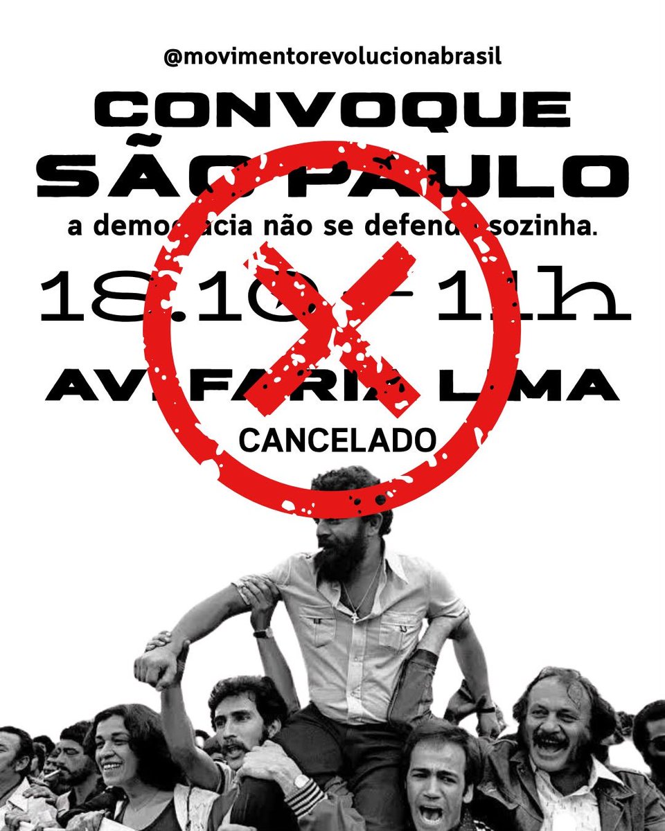 mrevolucionaBR's tweet photo. Informamos a todos que, infelizmente, após uma análise cuidadosa de diversos fatores, foi necessário cancelar a manifestação que estava prevista para acontecer no dia 18, no Largo da Batata/Av. Faria Lima. De verdade, NÃO TIVEMOS ESCOLHA!

Essa decisão foi tomada principalmente por questões relacionadas à segurança dos participantes e a entraves burocráticos que iriam comprometer a organização e a realização adequada do ato. Entendemos que a segurança de todos deve estar sempre em primeiro lugar, e não seria nada responsável da nossa parte seguir com a programação sem as condições necessárias.

Porém, isso não significa que deixaremos de agir ou de buscar formas de fazer a diferença. Primeiramente: os atos em TODO o Brasil permanecem de pé, e teremos atos em TODOS OS OUTROS ESTADOS. Estamos planejando uma nova iniciativa para o dia 18 de outubro em SP, com foco em ações nas periferias, buscando construir uma alternativa viável, segura e que possa gerar um impacto positivo para a população.

Em breve, divulgaremos mais informações sobre, os objetivos e a organização dessa iniciativa, por meio de um vídeo explicativo e de uma transmissão ao vivo em nosso Instagram.

Agradecemos a compreensão, o apoio e o comprometimento de todos que acompanharam e apoiaram essa mobilização. Reforçamos que essa decisão não representa um recuo em nossos propósitos, mas sim uma escolha responsável diante das circunstâncias que começamos a enfrentar.

Seguimos firmes, com responsabilidade, organização e compromisso com a população.

📲 Fiquem atentos ao nosso Instagram para acompanhar os próximos comunicados!