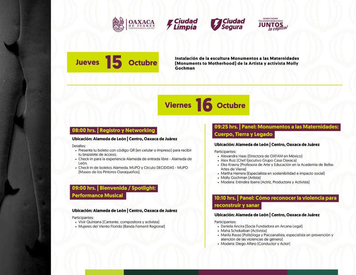 MunicipioOaxaca's tweet photo. 🌿 ¡Decididas Oaxaca 2026 llega a nuestra capital!

📅 15 al 17 de octubre
📍 Alameda de León, actividades 16 y 17
🎟️ Acceso general gratuito

Paneles, talleres y encuentros sobre liderazgo, cultura, creatividad y paz.

#VecinasYVecinos #TransformandoJuntosLaCapital https://t.co/c4cCe6762H