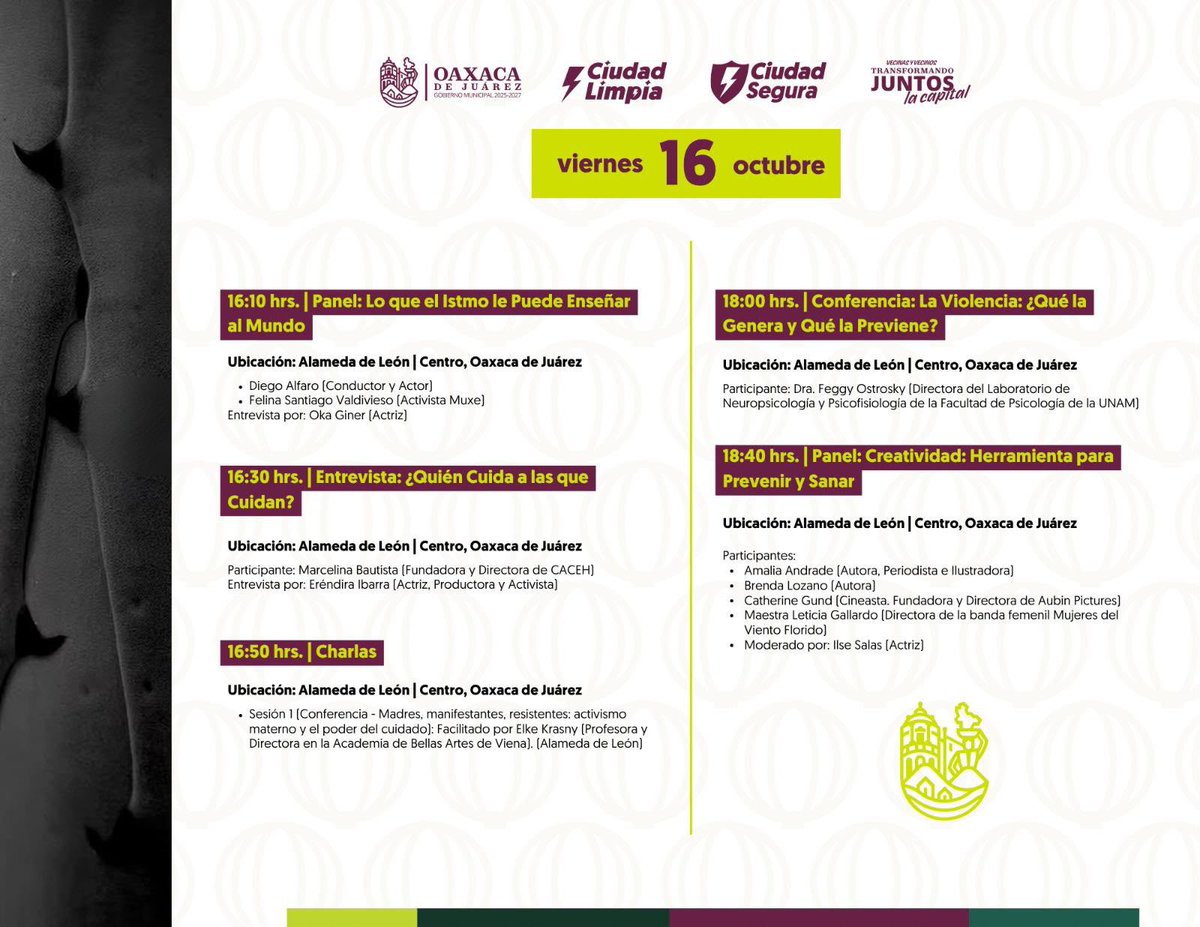 MunicipioOaxaca's tweet photo. 🌿 ¡Decididas Oaxaca 2026 llega a nuestra capital!

📅 15 al 17 de octubre
📍 Alameda de León, actividades 16 y 17
🎟️ Acceso general gratuito

Paneles, talleres y encuentros sobre liderazgo, cultura, creatividad y paz.

#VecinasYVecinos #TransformandoJuntosLaCapital https://t.co/c4cCe6762H