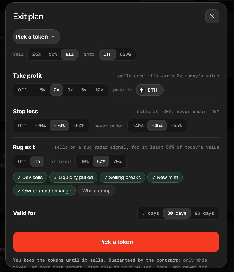 Keptfi's tweet photo. Exit plans are live on KEPT.

Set it once. KEPT sells for you.

→ Take profit at 2×, 3×, 10×… paid in ETH, USDG or a stock token
→ Stop loss, with a floor you pick
→ Rug exit: sells when the radar sees the dev dump, liquidity pulled or selling switched off

One approval. One signature. No gas.

The contract enforces your floors: only your token, paid only to your wallet, never below the limits you sign. Cancel anytime.

A rug exit can't beat a rug. It gets you out faster.

0.25% when it sells, 60% back to you.

https://t.co/0OAr1ftrIt → Stack → Exit plans