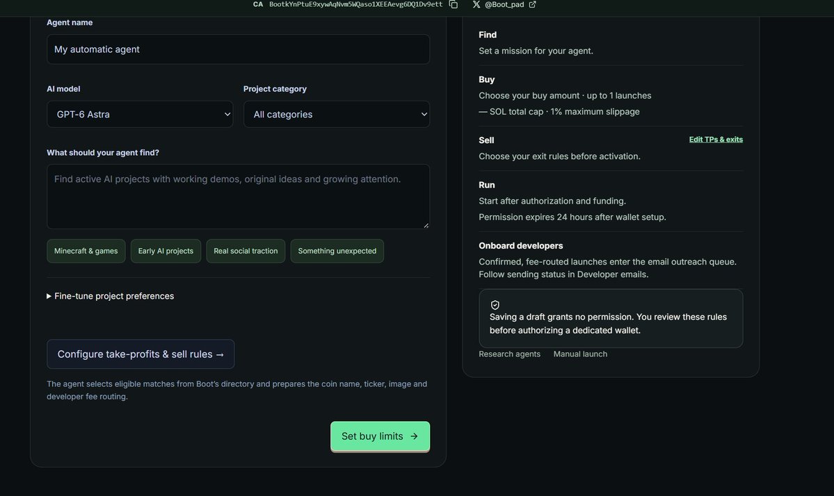 Boot_pad's tweet photo. Your AI agent. Your rules.

Find projects. Launch tokens. Set buy limits and automatic sell targets.

From discovery to execution, all powered by Boot.

The future of automated launches is here. https://t.co/fpLr970uCg
