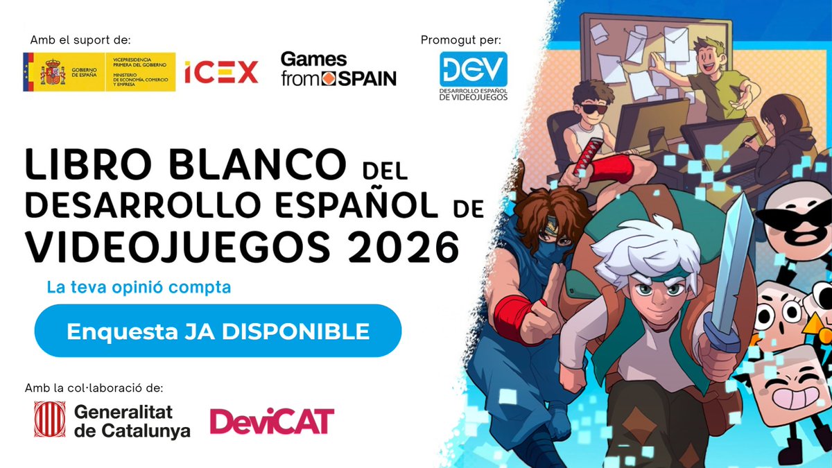 dev_es's tweet photo. 🔵 La indústria catalana del videojoc és una peça clau del #LibroBlancoDEV 2026!

📊 Necessitem les dades dels estudis i professionals de Catalunya per reflectir la realitat del sector i les seves necessitats

🤝 Gràcies a @gencat i @DeviCAT_ per la seva col·laboració

Participa 👇
https://t.co/6FBtPAPldv