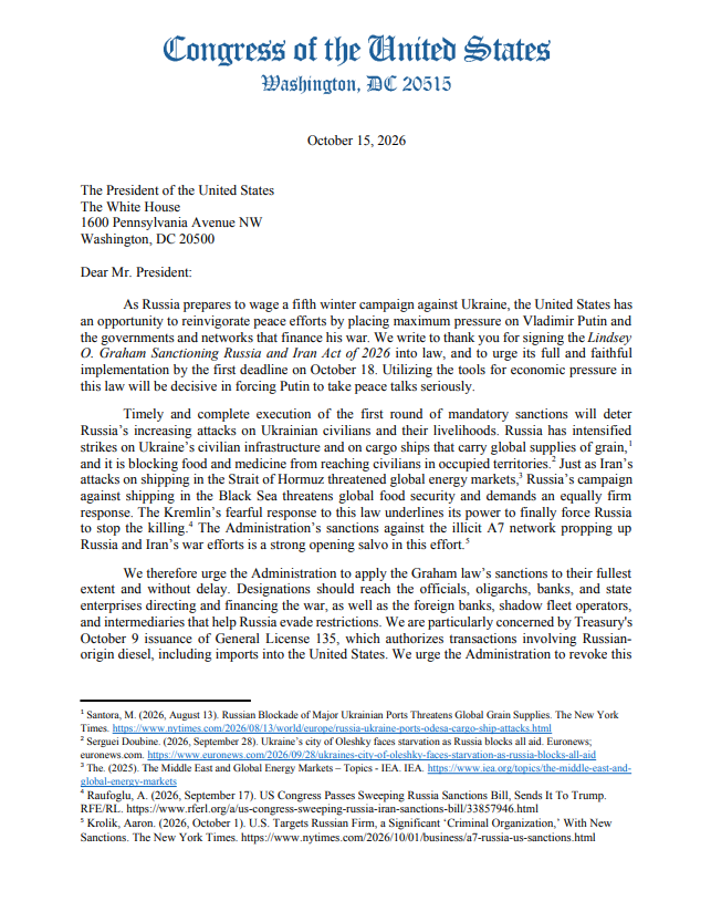YourAnonCentral's tweet photo. 22 US lawmakers are demanding Trump fully enforce Russia sanctions by October 18, targeting Russian banks, oligarchs, energy buyers and the shadow fleet. They also demand he revoke a license permitting Russian diesel transactions. The letter does not specify consequences if Trump refuses.

Full text source: https://t.co/MqqS3hrkW0
