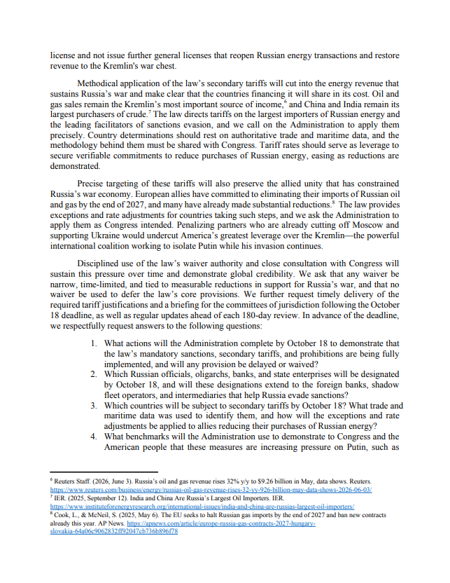 YourAnonCentral's tweet photo. 22 US lawmakers are demanding Trump fully enforce Russia sanctions by October 18, targeting Russian banks, oligarchs, energy buyers and the shadow fleet. They also demand he revoke a license permitting Russian diesel transactions. The letter does not specify consequences if Trump refuses.

Full text source: https://t.co/MqqS3hrkW0