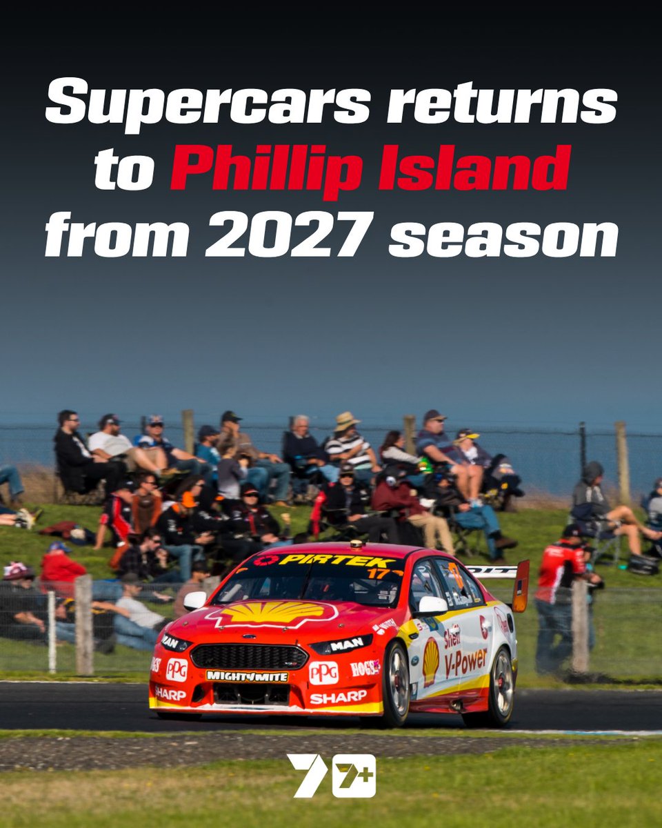 7Sport's tweet photo. Phillip Island is back on the Supercars calendar! 🏁

The championship will return to the iconic Victorian circuit from 2027, with a new five-year deal set to take the event through to at least 2031 https://t.co/Nuir3J3KJz