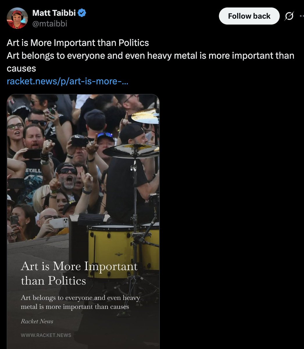caitoz's tweet photo. I have no respect for this idea that art is somehow separable from politics. ALL art is political when you live in a genocidal dystopia, because all your expression exists in relation to our freakish civilization.

If you were on fire, any action OR inaction on your part would necessarily be happening in relationship to the urgency of your situation. If you chose to stand there strumming your guitar while the flames consumed your body, nobody would try to argue that your artistic expression in that moment was somehow separable from your failure to address your urgent need for extinguishment. Your inaction would be a self-destructive act, and your final song would have been about burning to death — whether you sang anything about fire or not.

In exactly the same way, western artists who ignore the abuses of the western empire are taking a political position and sharing a political message. They might be singing about romance or dancing or the Sandman, but their actual message is, "Here are those circuses you ordered, you vapid NPCs, you mindless empire automatons, you shambling zombies consuming the flesh of the third world. Distract yourselves from the burning ecosystem, from the screams of Gaza, from the suffering of the poor and the marginalized, from the AI-assisted surveillance system they are constructing all around you right this very moment. Pretend everything's fine and capitalism is working out great for everyone. Here you go, you empty-headed human livestock, sedate yourself with some catchy rhythms while our rulers turn our world into a desert planet so a few billionaires can become trillionaires."

Real art tells the truth, and facilitates a deeper connection with reality. It pulls us into intimacy with parts of ourselves we'd been neglecting, draws attention to aspects of the human experience we'd avoided, directs us, rebukes us, inspires us, encourages us, emboldens us and reassures us as we crawl forth on our adventure across this mysterious blue planet during our short few decades between birth and death. And in a healthy world it could do all these things without ever getting "political", because the most urgent needs of the moment would typically just involve our feelings, our interpersonal relationships, and our struggle toward self-actualization.

But we do not live in a healthy world. We live under a tyrannical world-eating empire that is fueled by human blood and suffering. That is our reality, and your art is either real about reality or it isn't. You're either telling the truth about reality or you're normalizing it.

It's easy for the rich and the propaganda-addled to believe we are living in a healthy world where everything's basically fine, but for everyone whose eyes are open to the reality of our situation as a species, it's a five-alarm fire. A real artist is in tune with reality, and in this particular slice of spacetime our reality contains horrors that should be treated with the same urgency as we would have if our clothing caught fire. 

Telling artists to shut up about politics is telling them to stop being artists and start being propagandists for the empire. It's telling them, "Don't say anything unless you have absolutely nothing worthwhile to say. Your job isn't to incite, your job is to distract and sedate. Your job isn't to blow on the embers of human brilliance, your job is to play the fiddle while we smooth the pillow of a dying world."

Fuck that. Make art. Be brilliant. Fight the empire. Free Palestine.
