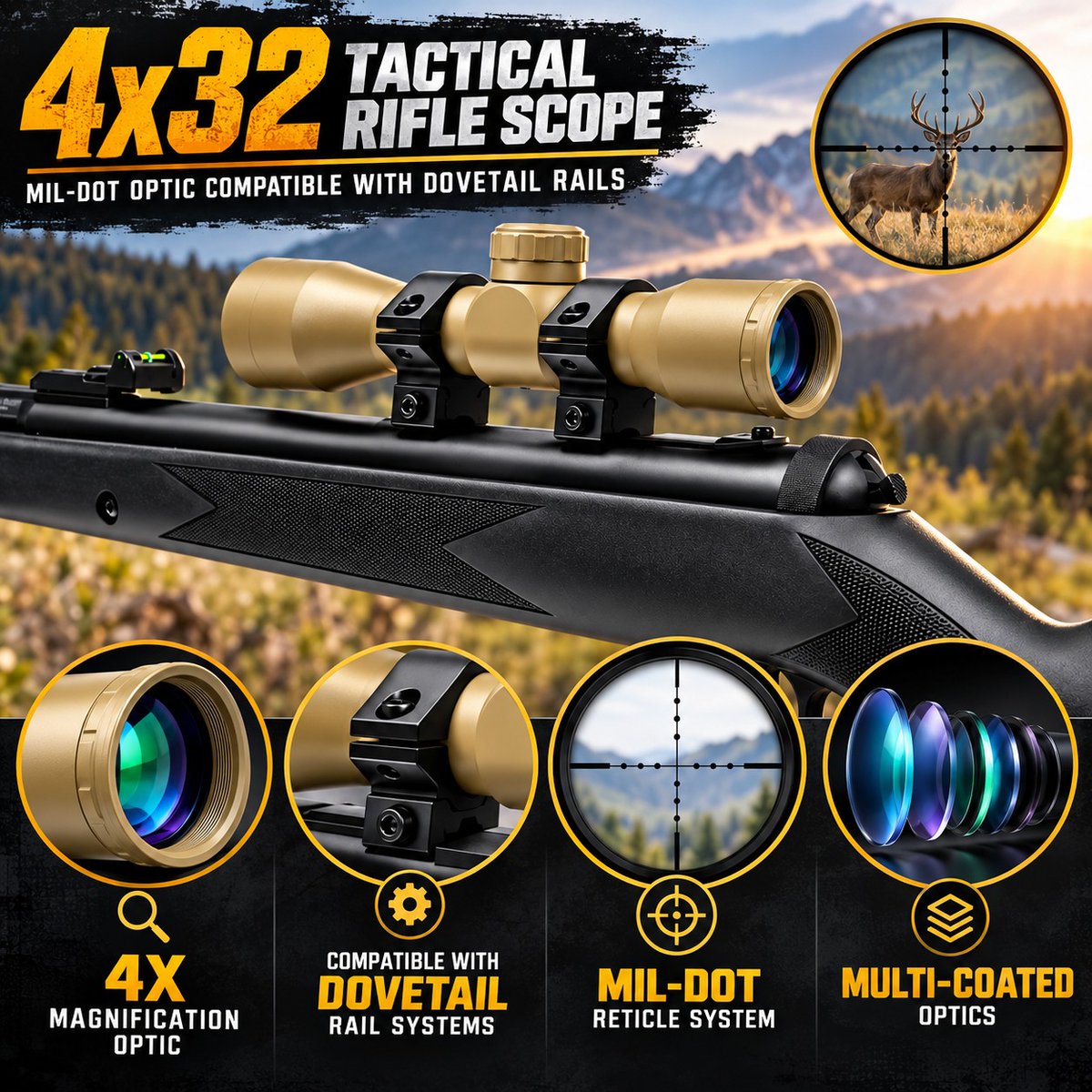 TRINITYSUPPLY's tweet photo. New 4x32 dovetail ring style scope sight tan color.#TrinitySupply #TrinityOptics #4x32Scope #MilDotScope #HuntingOptics #HuntingScope #DovetailMount #DovetailRails #ScopeOptics #OpticsGear #HuntingGear #HuntingAccessories #OutdoorGear #OutdoorEquipment #TargetShooting #RangeDay https://t.co/Q4gImW2U8E