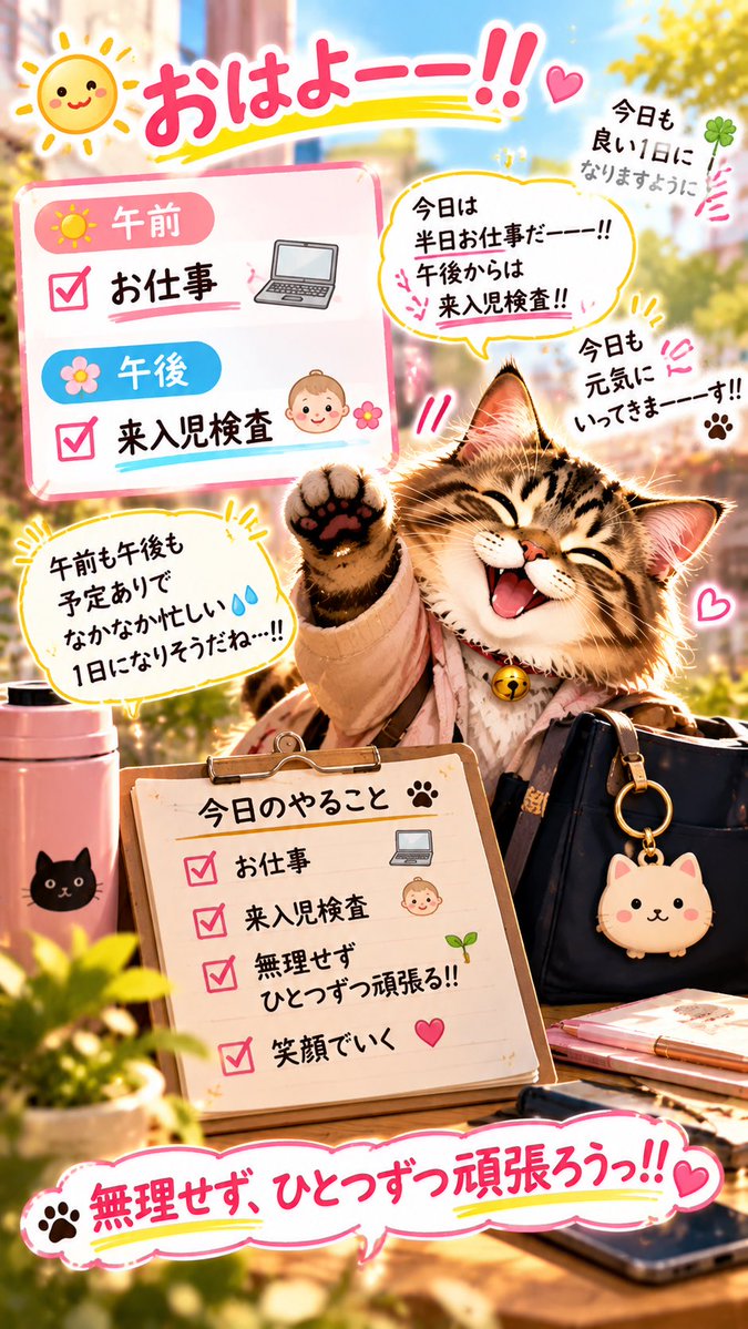 y_tya17T's tweet photo. おはよーーー！！☀️🐱💕
今日は半日お仕事だーーー！！💪✨
午後からは来入児検査！！👶🌸
午前も午後も予定ありで、
なかなか忙しい1日になりそうだねーーー🤣💦
無理せず、ひとつずつ頑張ろうっ🙌💗
みんなも良い1日になりますようにーーー！！🍀✨
今日も元気にいってきまーーーす！！🐱 https://t.co/fhLBJN2iWL