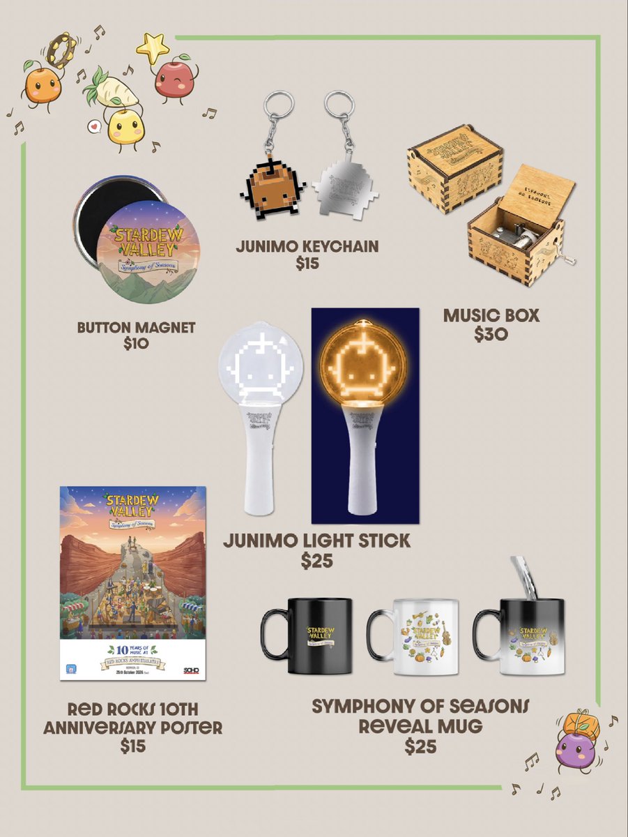StardewConcert's tweet photo. The official merch line up for Red Rocks is here! 🌟
Check out some new items exclusively available at Red Rocks, like the Junimo light stick (changes colors!!), Junimo keychain, Anniversary poster, and a super rare Stardrop keychain! We’re also bringing our online exclusives (kitchen set, apron, and mug) to this show to purchase in person. What are you buying? 👀🛍️

Only 10 days until show day! ✨