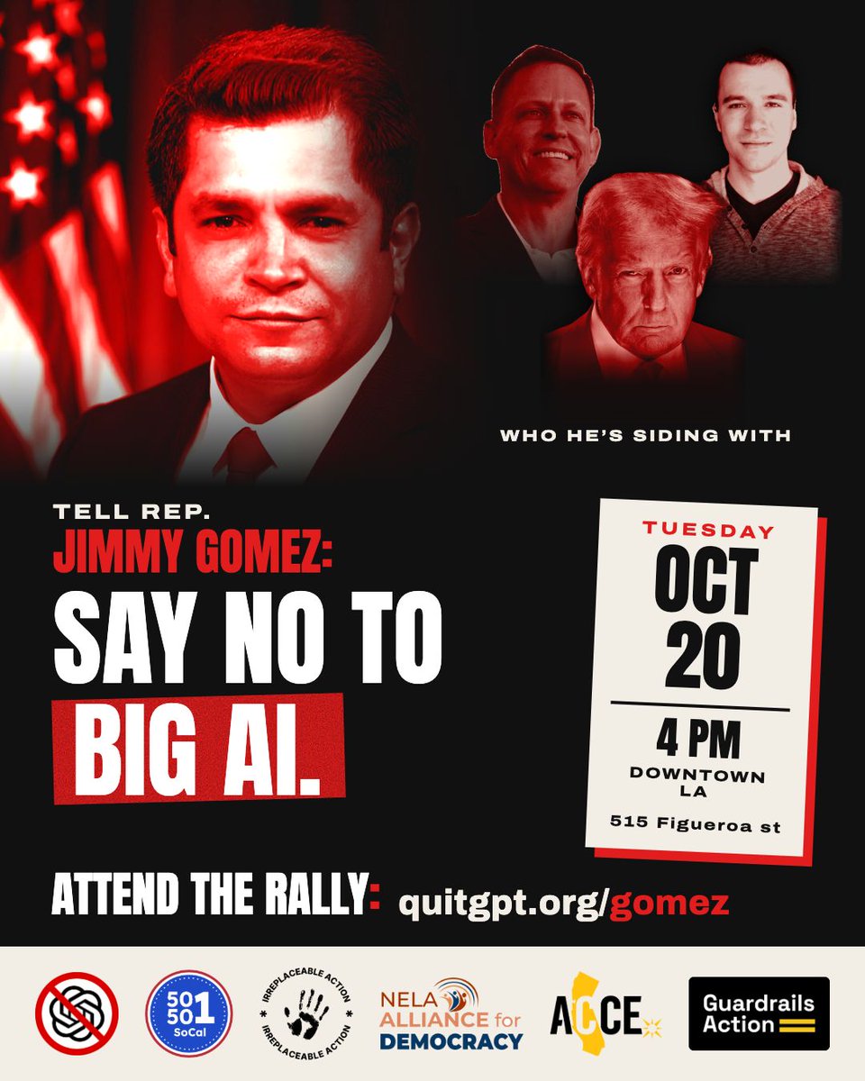 quitchatgpt's tweet photo. Big AI's super PAC just endorsed Democratic Rep. Jimmy Gomez.
If you live in Los Angeles, show up at the rally. If you cannot attend in person, sign the petition and send this to friends in LA who care about stopping AI money in politics. https://t.co/3931zLFN3c