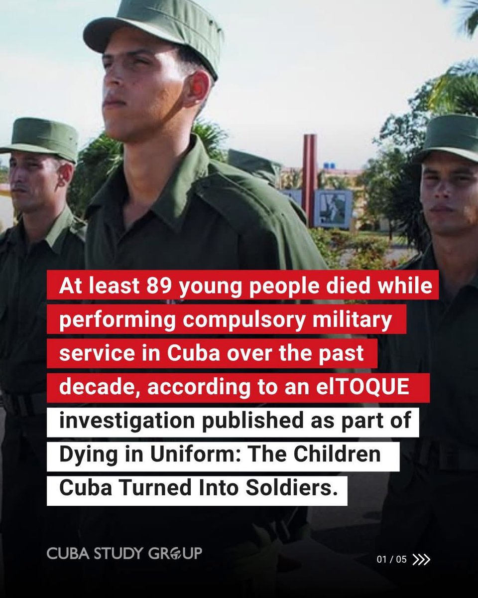 CubaStudyGroup's tweet photo. 📌At least 89 young people died while performing compulsory military service in Cuba over the past decade, according to an elTOQUE investigation published as part of Dying in Uniform: The Children Cuba Turned Into Soldiers. 

Of those deaths, 33 were classified as accidents and 31 as suicides. In several suicide cases, investigators identified warning signs that military commanders had ignored.

The database documents 15 deaths between 2017 and 2021 and 70 between 2022 and 2025, a nearly sixfold increase in the annual average of recorded cases. 

At least six of those who died were under 18, and the disasters at the Matanzas supertanker base and the Melones military depot in Holguín account for 13 victims. 

The testimonies reflect a persistent lack of answers: of 46 families consulted, only eight reported an official investigation, and none received a clear account of the circumstances or a finding of responsibility.

🎯Source: elTOQUE