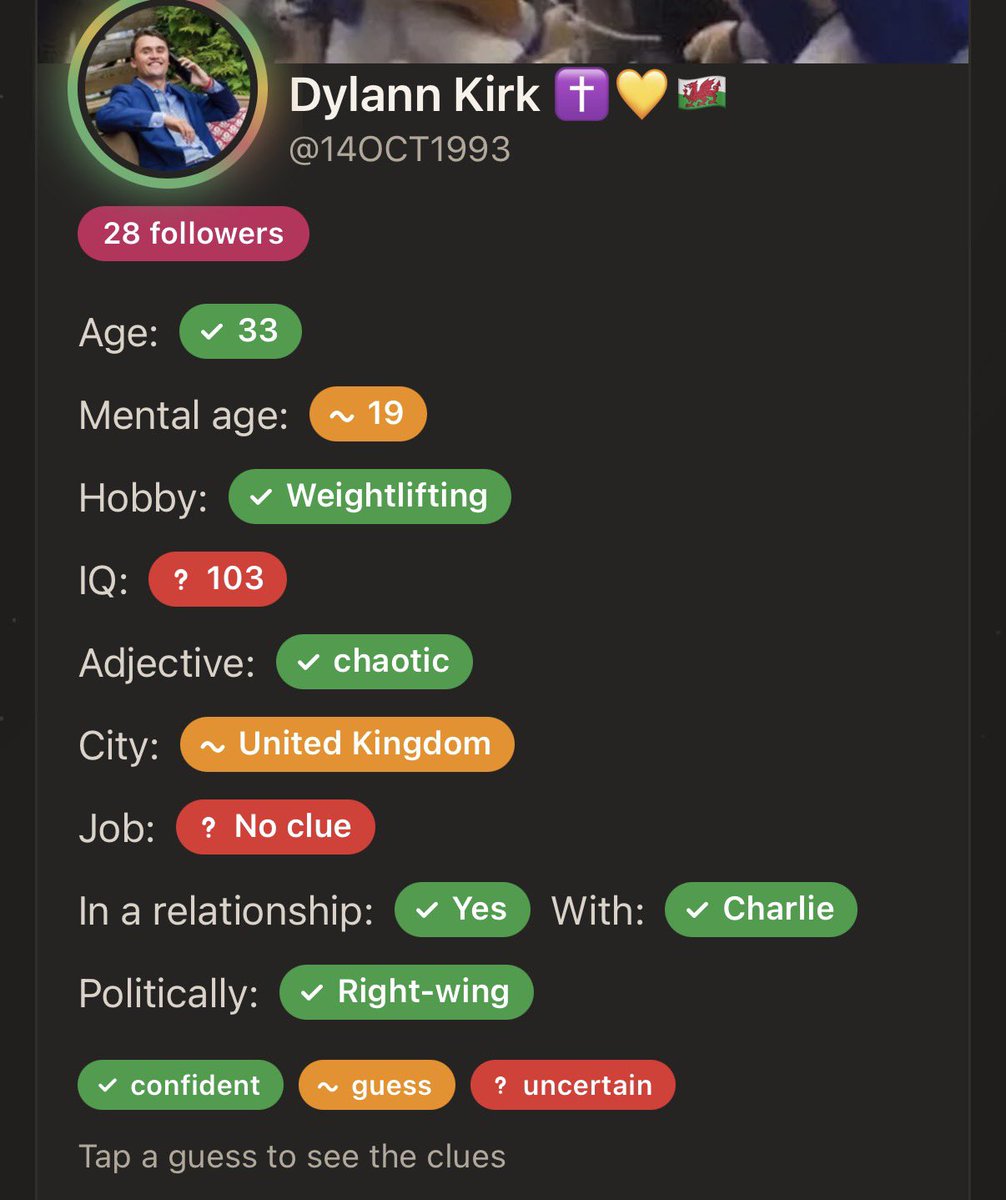 14OCT1993's tweet photo. Age - correct
Mental age - incorrect
Hobby - incorrect
IQ - incorrect it's higher
Adjective - maybe
City - i fucking guess bro...
Job - correct
Relationship with Charlie is correct https://t.co/Uh1hjLg42q