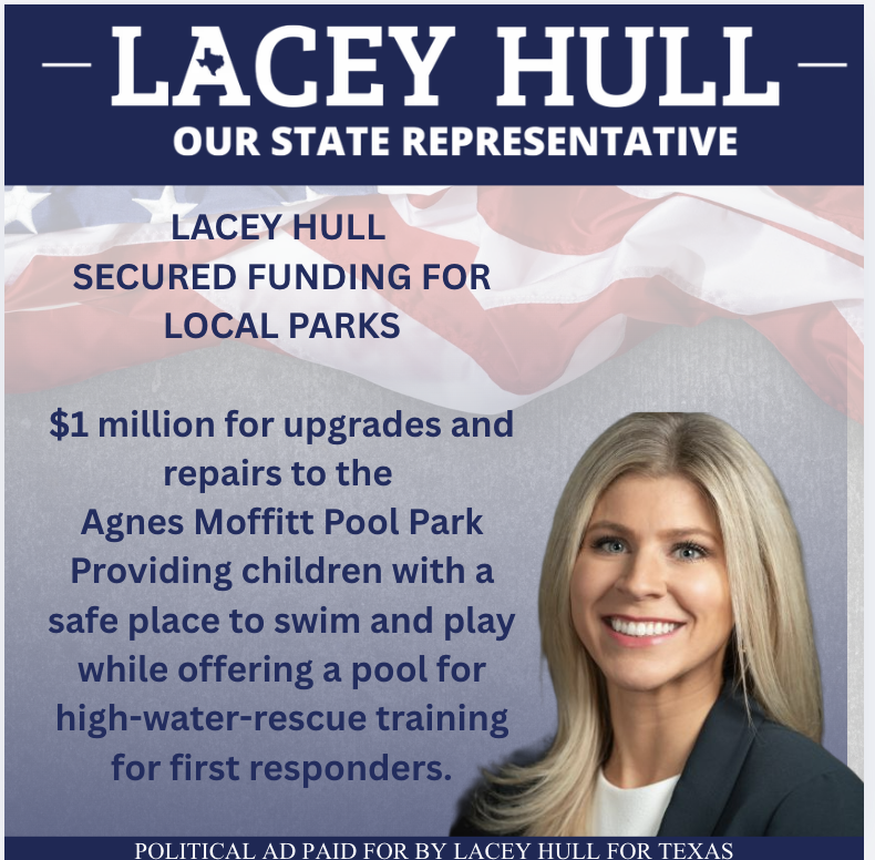 LaceyHullTx's tweet photo. This session, I secured $1 million for upgrades and repairs at Agnes Moffitt Park Pool. This neighborhood facility serves our community and also provides a valuable training site for our first responders. Investing in our parks and supporting those who keep our community safe are both important priorities for me. I enjoyed partnering with Council Member Amy Peck and the COH.