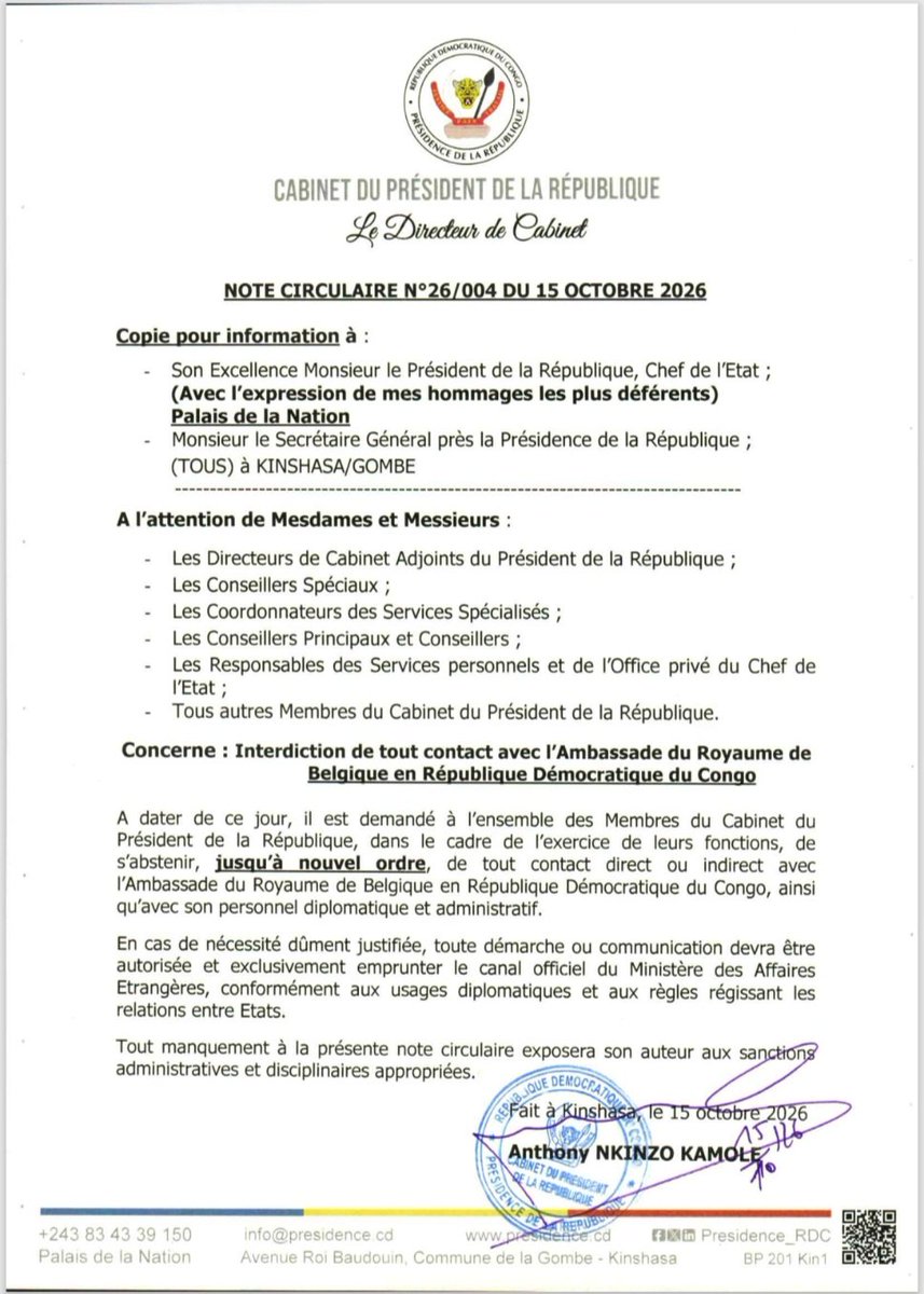 peroluwara1's tweet photo. #Rdc #Urgent 
24 heures après les perquisitions de sa résidence et des membres de sa famille, Félix Tshisekedi interdit à tous les membres de son cabinet d'entrer en contact direct ou indirect avec l'ambassade de #Belgique en #Rdc ainsi qu'avec le personnel diplomatique et administratif. Dans une note circulaire signée par son Dircab, F. Tshisekedi menace des sanctions  tout contrevenant à la note circulaire. Que cache cette décision? Accusé de blanchiment, F. Tshisekedi tente t-il de freiner l'enquête du peocureur belge? 
#Waitandsee.