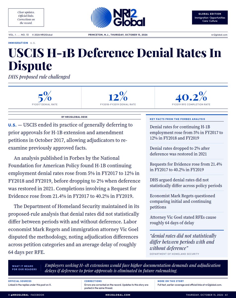 NRI2Global's tweet photo. USCIS ended H-1B deference in Oct. 2017

The findings apply to employers and H-1B specialty occupation workers seeking extensions or amendments for continuing employment.

@USCIS @DHSgov #H1B https://t.co/u43W6cN6QX