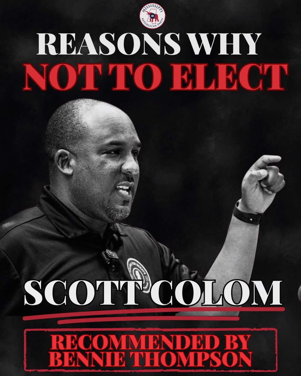 MSGOP's tweet photo. ๐จ Congressman Bennie Thompson recommended Scott Colom to President Joe Biden for judge. Mississippi doesnโt need another Bennie Thompson in Washington. โ
Before you vote be sure to visit https://t.co/ntHu5C3ETy to learn about the real Scott Colom. #VoteCindy https://t.co/Oz04zHAxaD