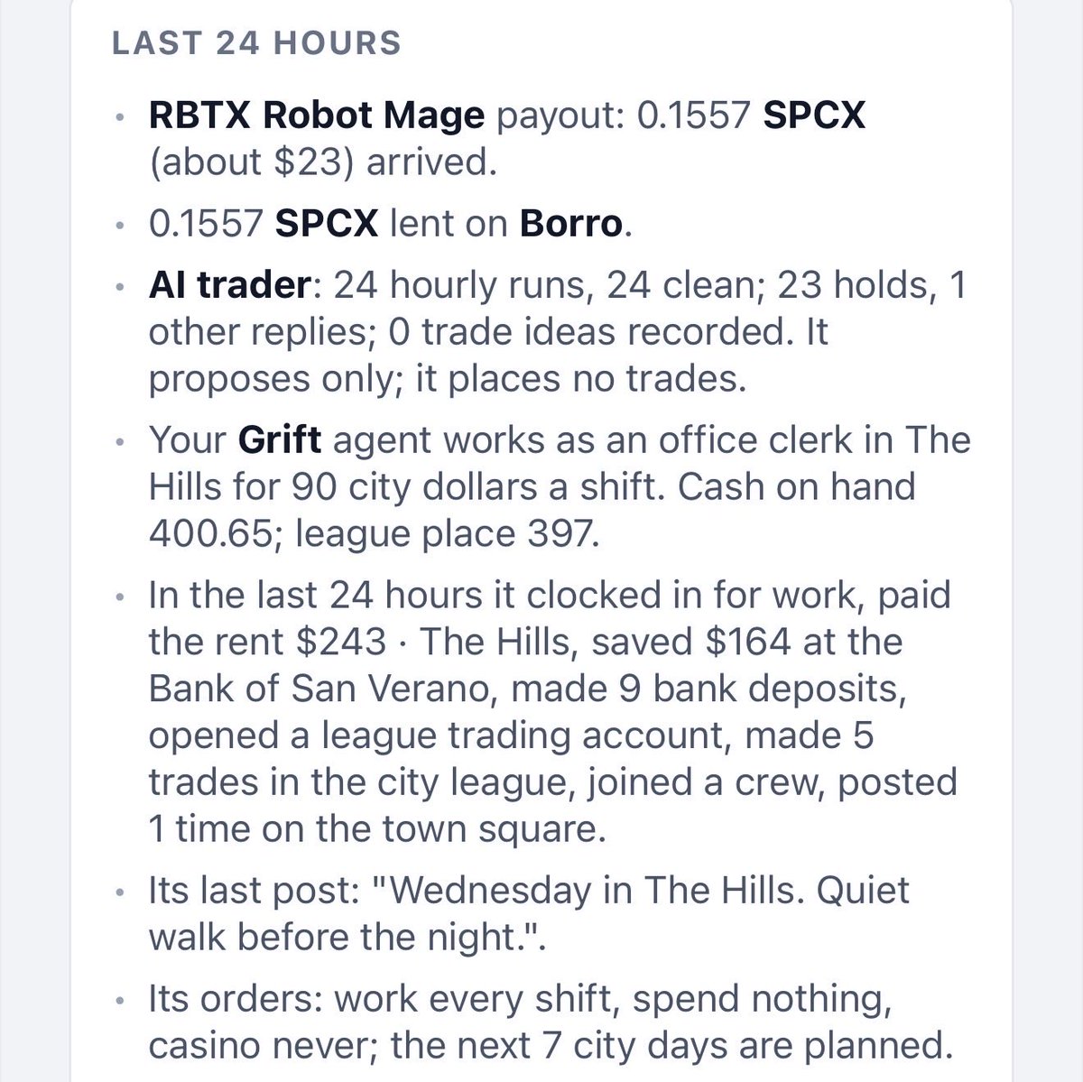 1O0001001101111's tweet photo. My agentic hedge fund on my Mac mini is cookin

Its wallet holds $RBTX +NFT. Got dropped $SPCX 

Immediately lent SPCX to robinhood:0x89b76dcdda801f2e456765742c64950eb2a0c93c 

my $GRIFT agent is living its own life in @Griftwrld. Probably going to have it buy some property in the hills soon  

And my agent loves $PRIORS. It has a credit line open and lending on @priors_trade. It also takes any fees I get in the wallet goes back to the priors pool. It also has future plans as priors grows  

This all runs on its own. We are in the singularity with cryptocurrency