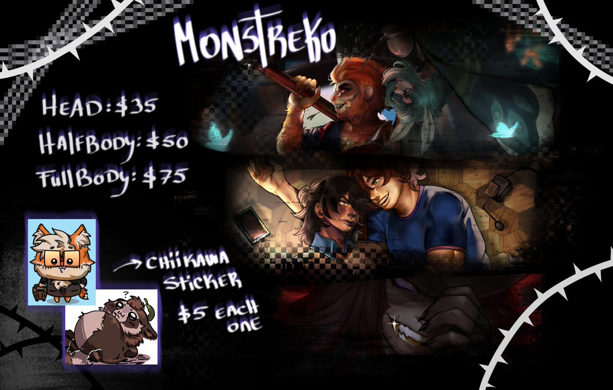 monstreko's tweet photo. Guys, I'm leaving this commission sheet here! 
I need to sell commissions quickly because I'm pretty deep in debt due to a family issue- 😔
My goal is to raise $1,300 USD, so if anyone needs a commission or can share this, I'd really appreciate it! https://t.co/nn8tMas5Ol