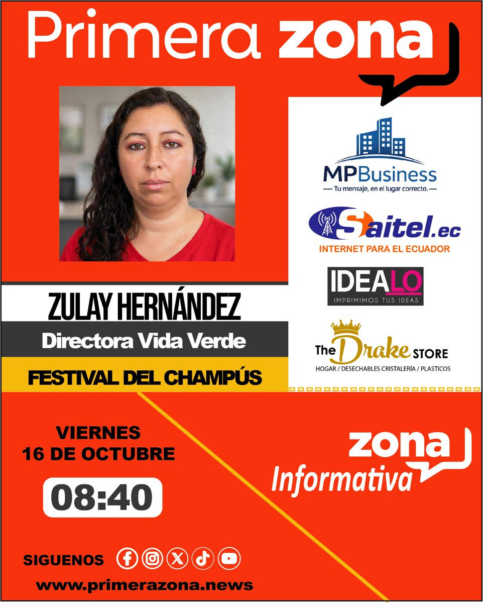primera_zona's tweet photo. #Atención #Ibarra || Este viernes 16 de octubre en #ZonaInformativa, nuestra invitada, Zulay Hernández, directora de vida verde.

Tema: Festival del champús.
#Noticiero #champus #festival #directora https://t.co/T9w5XsExdJ