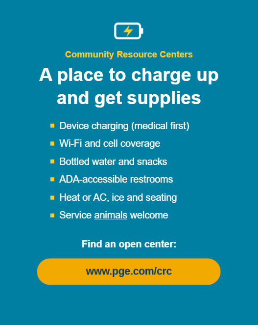 PGE_NorthCoast's tweet photo. We know power shutoffs are difficult. During a #PSPS, PG&E Community Resource Centers offer a welcoming place to charge devices, get updates, and pick up water, snacks and other essentials. Find a CRC near you: https://t.co/oAuDTNJJqf https://t.co/Hwh6aMOMJC