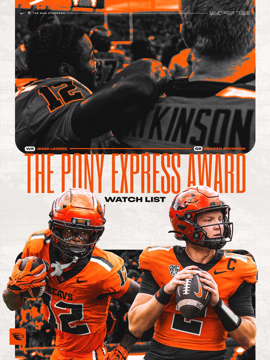 BeaverFootball's tweet photo. The most outstanding duo in college football 🔥

@Braden_Atkinson &amp; @jlegree24 named to The Pony Express Award Mid-Season Watchlist 👏
—
#TheDamStandard https://t.co/v5g96JeDj2